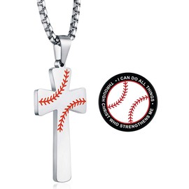 XIEXIELA Baseball Cross Necklace for Boys. I CAN DO All Things Strength Bible Verse Stainless Steel Pendant for Men Baseball Stand Silver