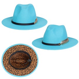 JK Home Womens Mens Classic 1920s Gatsby Fedora Hats, Patchwork Two Tone Wide Brim Panama Roaring Jazz Cap Light Blue/Leopard