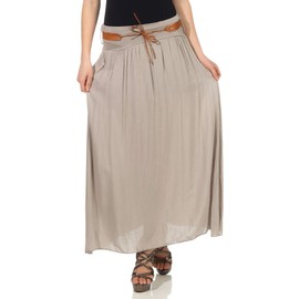 MATY FASHION Stylish Women's Maxi Skirt Lightweight Summer Skirt Beach Skirt Boho Tiered Skirt with Faux Leather Belt 14, mud