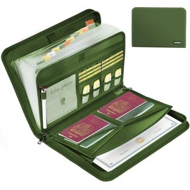 JUNDUN Fireproof Document Organiser - 13 Pockets Expanding File Folder with Zipper & Labels - Portable Waterproof File Organiser with Multi-Pockets Folder for A4 Documents | Receipt and More(Green)