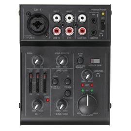 RUSUO Audio Mixer, 5 Channel Compact Audio Mixer Sound Mixing Console USB Audio Interface 2 Band EQ DJ Recording Built-in Echo Effect for Live Broadcast