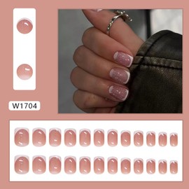 Short Square Press on Nails White French Tip Nails Extra Short Fake Nails with Glitter Designs Light Pink False Nails Glossy Gel Acrylic Glue on Nails Ombre Full Cover Stick on Nails for Women 24Pcs