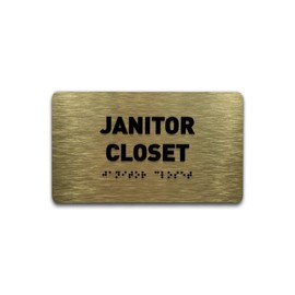 Janitor Closet Sign by GDS - ADA Compliant, Raised Icons, & Grade 2 Braille - With Adhesive Strips for Easy Installation - Signs for Offices, Businesses - 7" W x 4" H (Brushed Gold) - Made in USA
