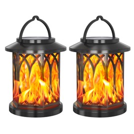 Solar Outdoor Hanging Lanterns, Waterproof, 2-Pack, Decorative Patio Garden Lights with Clip， Hanging Lantern for Yard Patio LawnTable Garden Deco (Flame lamp)