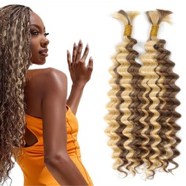 Tuheerst P4/613 Highlight Brown Boho Braids Human Hair Extension Blonde No Weft Deep Wave 50g/Bundle Total 100g Unprocessed Human Braiding Hair For Women 24 24 Inch