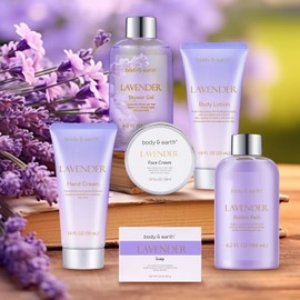Set de regalo de baño y cuerpo, juego de 6 piezas de baño de lujo para mujeres, cuerpo y tierra Spa con aroma de lavanda – Baño de burbujas, gel de ducha, crema de manos y cara, loción corporal, jabón de manos, caja de regalo perfecta para mujeres