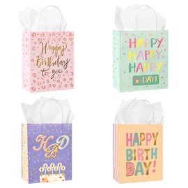 DjinnGlory 36 Pack Medium Sized Happy Birthday Paper Gift Bags with Handles and 36 White Tissue Paper for Birthday Gifts, Party Favors, Treats, Goodies, 10x8x4 Inch (4 Pastel Designs)