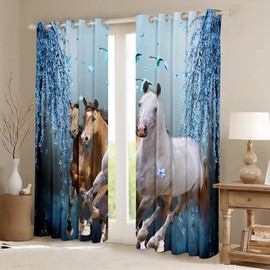 Boys Horse Curtains Cherry Blossom Branches Steed Kids Window Curtains for Bedroom Living Room for Girls Teens Galloping Horse Window Drapes Dreamy Blue Decor Window Treatments 42W X 63L，2 Panels