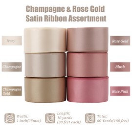 Mayreel Blush Champagne Ribbon 1" Blush Pink Satin Ribbon for Christmas Tree Decorations Pink and Gold Silk Ribbon for Wedding Bridal Bouquet Ribbon, 6 Rolls, 10 Yards Each Color, Total 60 Yards