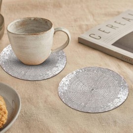 Glass Beads Tea Coaster for Hot Drinks, Set of 6, Hand Beaded Coasters for Coffee, Tea, Dining Table, Wedding, Party Decor, Gift (4 Inch Pack of 6, Whitish Silver)