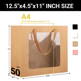 EUSOAR Paper Gift Bags Bulk, 50pcs 12.5"x4.5"x11" Large Kraft Brown Paper Clear Bags with Handles, Gift Shopping Bags with Transparent Window for Birthday Party Favor Wedding