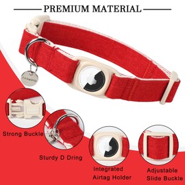 DOGWONG Airtag Cotton Hemp Dog Collar, Heavy-Duty Dog Collar with Airtag Holder Christmas Red Natural Fabric Cute Puppy Necklace for Small Medium Large Dogs