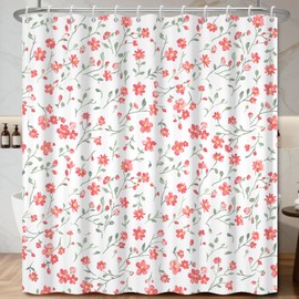 NAEMBCU Romantic Watercolor Pink Floral Shower Curtain with Hooks, Vintage Spring Botanical Print, Waterproof Polyester for Cottagecore Farmhouse Bathroom, 71x74 Inch