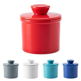 Husfunov Butter Crock with Water Line for Countertop, French Butter Dish with Lid, Ceramic Butter Keeper for Fresh Spreadable Butter, Butter Container Holder for Kitchen and Home Decor, Red