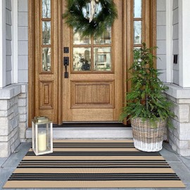 KOZYFLY Striped Front Door Mat 27.5x43 Inches Brown and Black Front Door Rug Cotton Washable Indoor Outdoor Rug Doormats Outdoor Small Striped Area Rugs for Kitchen Entryway Front Porch