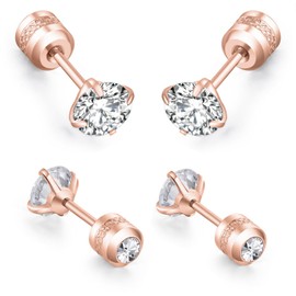 day.berlin Stud Earrings Ladies Set of 4 Basic Earrings with Zirconia Crystals 3mm & 4mm, Stainless Steel in Silver, Gold and Rose Gold, Stainless Steel, Rose-Gold