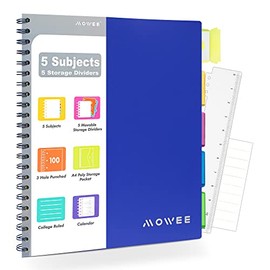 MOWEE Spiral Notebook - 5 Subject Notebook, College Ruled Notebook 3-Hole Punched With Dividers, Storage Pockets, 11" Ruler, 200 Pages, for Writing Journal, Home &Office, School Supplies, 8.1''x11.7''（Blue）