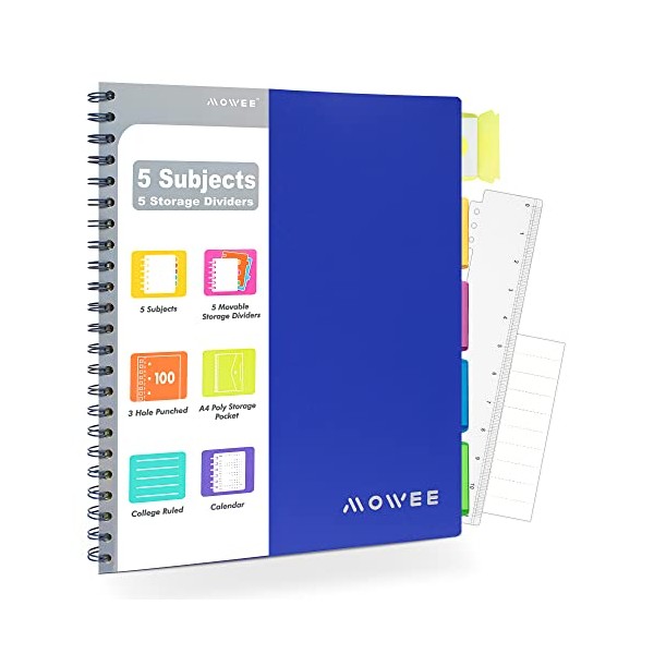 MOWEE Spiral Notebook - 5 Subject Notebook, College Ruled Notebook