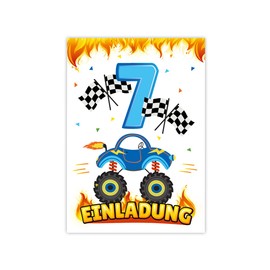 12 Invitation Cards with 12 Envelopes for 7th Children's Birthday Boys Monster Truck Car Invitation for Seventh Birthday Children Invitation Set