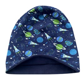 Wollhuhn Eco Warm Winter Boys/Girls/Children Long Beanie Hat with Fleece Lining Various Designs (Made of Eco Fabrics, Organic) 20220666 (Space Dark Blue, M), Space/Space Dark Blue