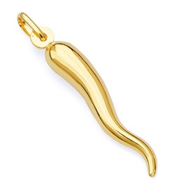 TWJC 14k REAL Yellow Gold Cornicello Italian Horn Charm Pendant - 30 x 7 mm
