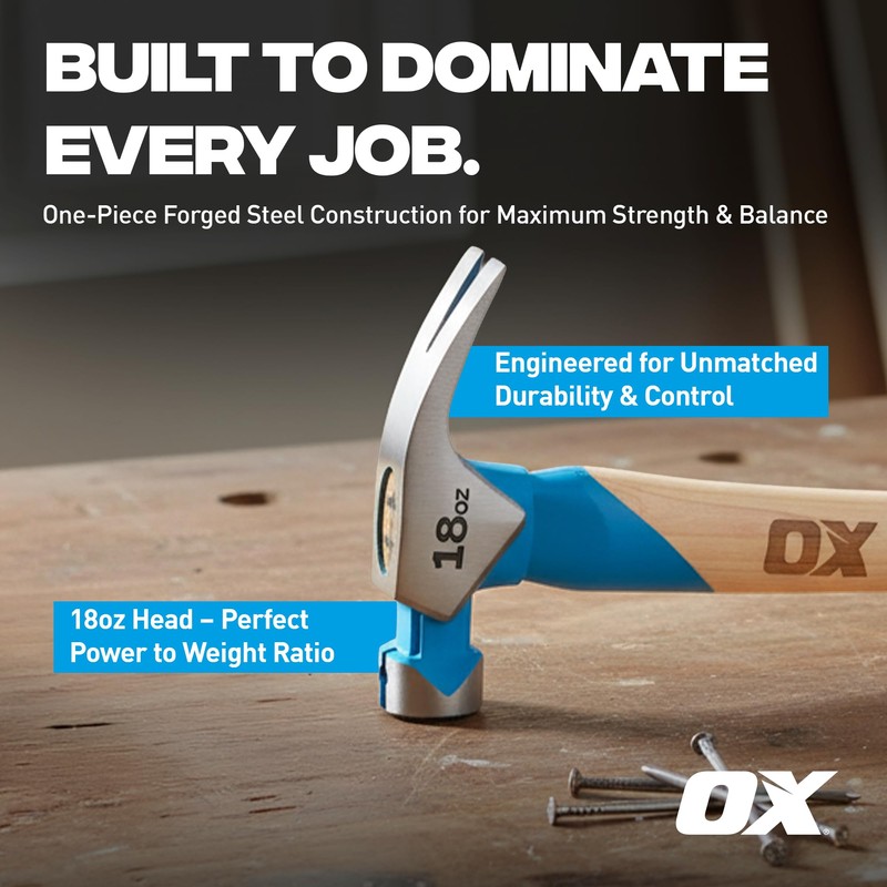 OX Tools Pro Series 18oz California Framing Hammer, Milled Face