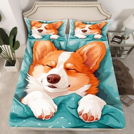 Manfei Lovely Corgi Kids Sheet Twin Size,Cartoon Dog Puppy Bedding Set,Boys Girls Room Decor,Hairy Cute Animal Cyan Cartoon Bed Sheet Set 3pcs(Fitted + Flat + 1 Pillowcase)