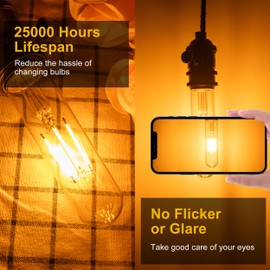 runquiz T10 Tubular Led Bulbs 60w Equivalent, Dimmable 5.25 Inch Led Tube Bulb, E26 T30 Edison Tubular Clear Light Bulbs, 2200K Warm Light Long Skinny 6W 4 Pack