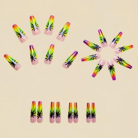 Coconut Palm Press on Nails Long Square Stick on Nails with Designs Yellow Pink Green Orange False Nails Full Cover Nude Pink Fake Nails Glossy Cute Summer Glue on Nails for Women Girls Manicure 24Pcs
