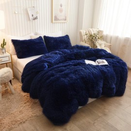 XeGe Plush Shaggy Duvet Cover Luxury Ultra Soft Crystal Velvet Bedding 1PC(1 Faux Fur Duvet Cover),Zipper Closure(Queen,Navy Blue)