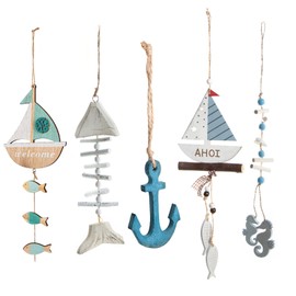 Logbuch-Verlag 5 Maritime Wooden Pendant Easter Decoration Anchor Sailing Boat Fish Blue White Sea Bathroom