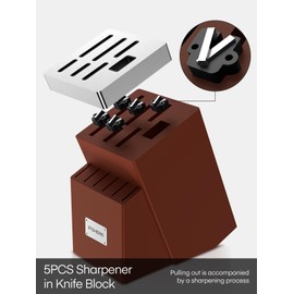 Knife Set, FOHERE 14 Pieces Self Sharpening Knife Block Set, Waved Pattern High Carbon Stainless Steel Knife Set, Rust & Stain Resistant Kitchen Knives and Triple Riveted Handle, Reddish Brown