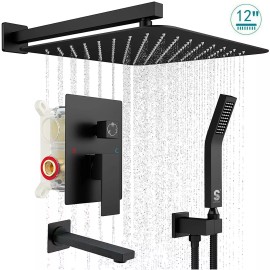 SR SUN RISE Black shower faucet set with valve 3 function 12" Rainfall Head Combo Kit System
