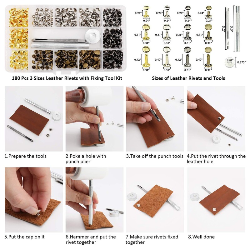 Yiarsky Leather Rivet Set, 180 Sets Metal Rivets Double Cap