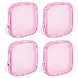 Sinzip 4 Pieces Mini Zipper Nylon Mesh Pouch, Mesh Cosmetic Bags Makeup Bags, Multipurpose Travel Toiletry Bags for Office Supplies and Travel Accessories (Pink, S)
