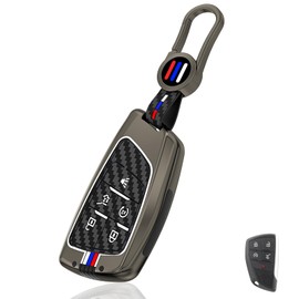 Aoocar 5 Button Heavy Metal Key Fob Cover, Compatible with 2021 2022 2023 2024 2025 GMC Yukon Denali Sierra, Fit for Chevy Silverado Suburban Tahoe Buick, with Carbon Fiber Pattern, Gunmetal (1 Pcs)