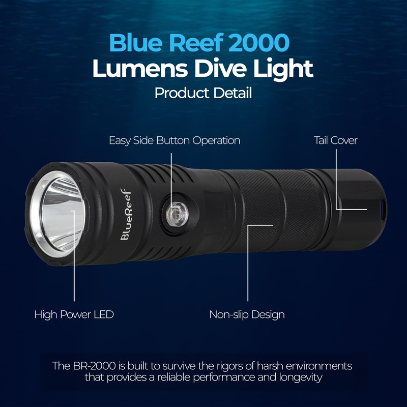 Blue Reef 2000 Lumens Dive Light, High-Powered Rechargeable LED Flashlight,