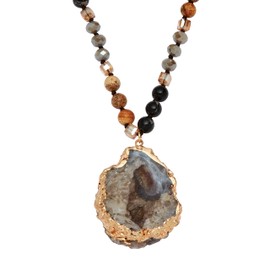 PalmBeach Goldtone Hammered Genuine Brown Agate and Round Genuine Multi-color Jasper, Drop Necklace (33mm), 32 inches