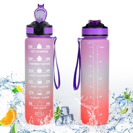 VECH Water Bottle,32oz Motivational Sports Water Bottle with Time Markings & Carry Strap,BPA Free Leakproof for Fitness and Outdoor (PurpleRed)