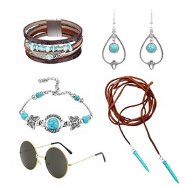 1 x Pendant Necklace, 1 Pair of Earrings, 1 x Multilayer Magnetic Clasp Bracelet, 1 x Turquoise Bracelet, 1 x Round Sunglasses, Boho Jewellery, Vintage Jewellery, One size