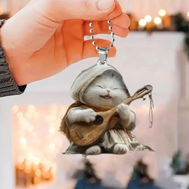 KVKIE Cat Keychain, 1 Piece Funny Cute Cat Goods, Acrylic Key Holder, Shiba Inu, Goods, Cat Holding a Koto While Smiling, Mascot, Key Chain, Can Be Hanging on a Key Car Backpack, etc