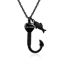 Fishing Hook Urn Necklace for Ashes for Men Memorial Pendant Ashes Necklaces Keepsake Pendant Fish Hook Cremation Jewellery Bereavement Gift (Black)