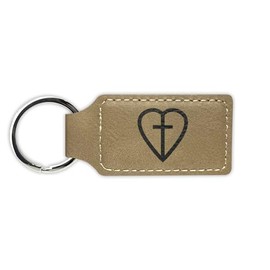 Heart with Cross Keychain Leatherette Rectangle - Laser Engraved - Many Colors - Key Chain Ring - religious faith - Light Brown