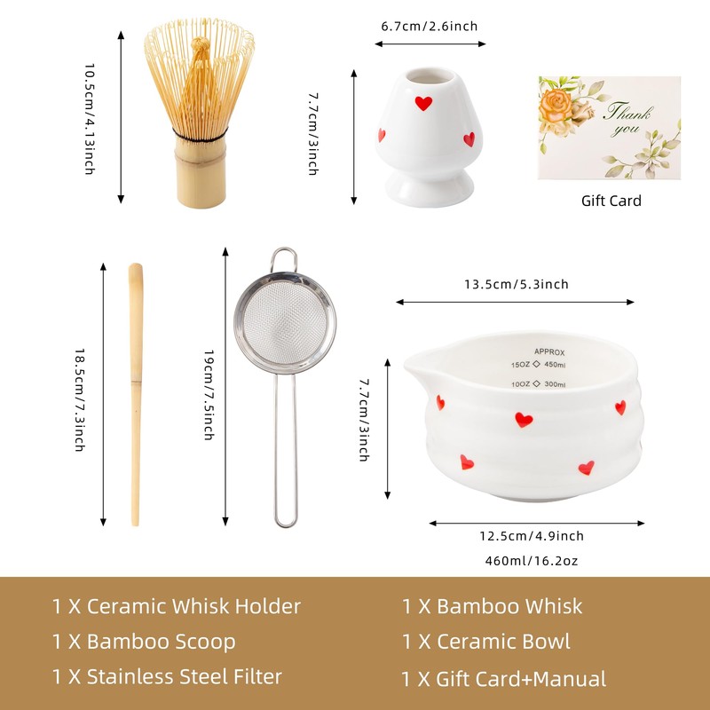 YumiPLUS 5pcs heart design Matcha Set,15oz Ceramic Bowl with Spout