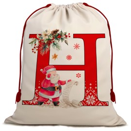 Christmas Gift Santa Sack with Monogram Initials - Holiday Present Bag for Family, Mom & Dad - Pouch for Special Occasions (H)