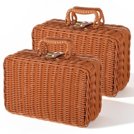 2-Pack Wicker Picnic Basket Set, Vintage Suitcase Style Plastic Rattan Storage Box with Leather Straps, 10.2x6.7x4.3 Inch Rustic Decorative Hamper for Makeup Organizer, Travel, Camping, Gift
