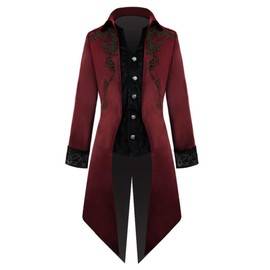 Apocrypha Mens Medieval Steampunk Tailcoat Victorian Gothic Jacket Frock Coat (Red, Small)