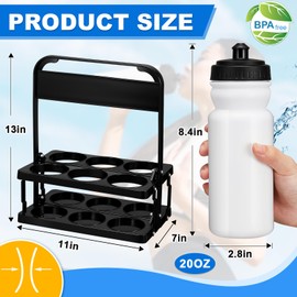 Suclain Water Bottle Carrier with 20 Oz 6 Bottles and 2 Stickers Plastic Wide Mouth Sports Water Bottle Squeeze Team Water Bottles with Black Lid for Fitness Bike Gym(White)
