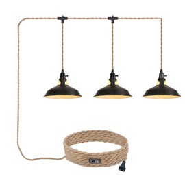 Haolaike 22FT Plug in Pendant Light with Cord On/Off Switch 3 Lights and lampshade Hemp Rope Rattan Hanging Lamp with Plug in Chandelier Hanging Light Kit Fixtures for Bedroom Kitchen Hallway