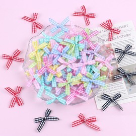 Pack of 100 mini ribbon bows, 4 x 3.5 cm, double-sided chequered bow, decorative bows, mini ribbon bowtie for sewing, wedding decoration, cards, DIY crafts, gift, hair accessories, mixed colours